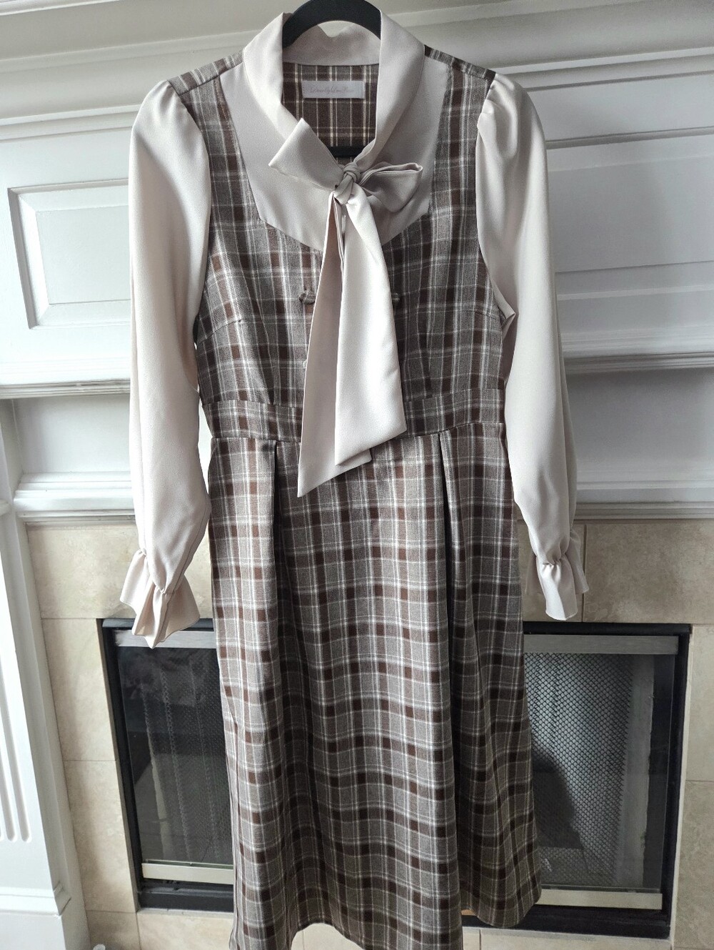 Brown Tan Plaid Bow Long Sleeve Dress Pearl Buttons J-Fashion Size M